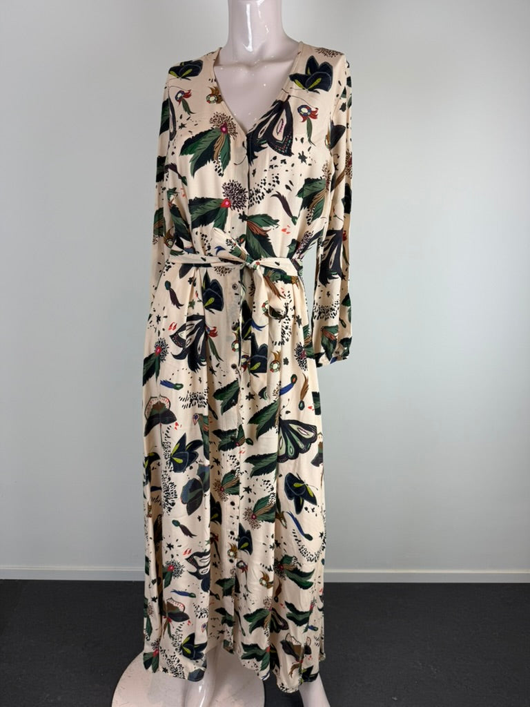 POM Amsterdam by Katja - Jurk - maxi-lengte, natuurprint, ceintuur in de taille - M
