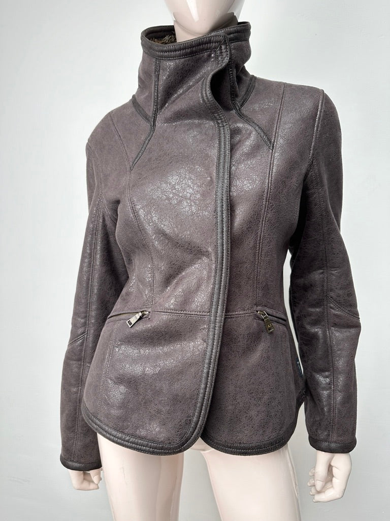 Armani Jeans - Jas - bruin, leerlook, asymmetrische ritssluiting - M/L