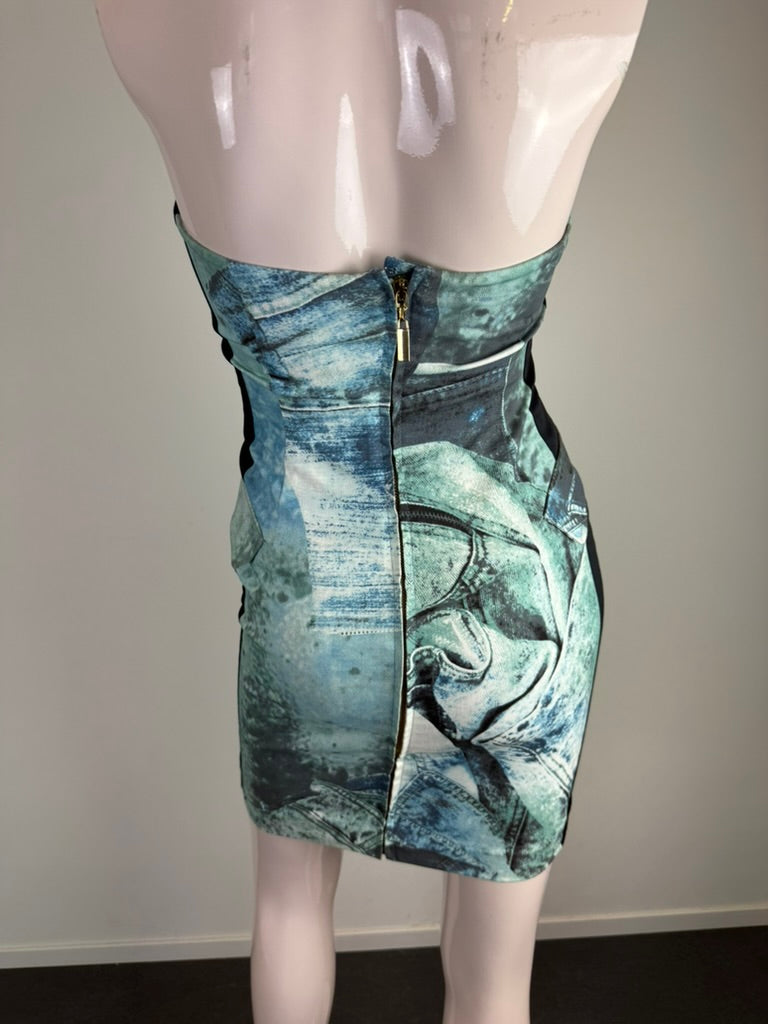 Just Cavalli - Jurk - blauw, denimprint, strapless - XS