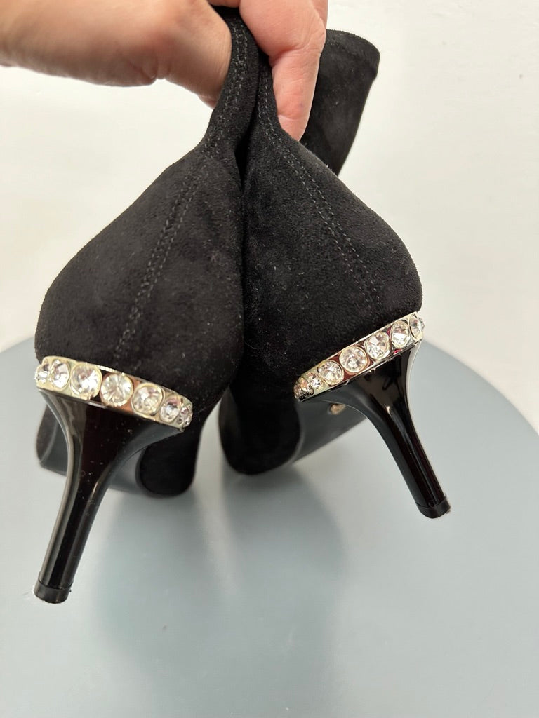 Dune - Enkellaars - zwart, suède-look, strassdetail op hak - 38