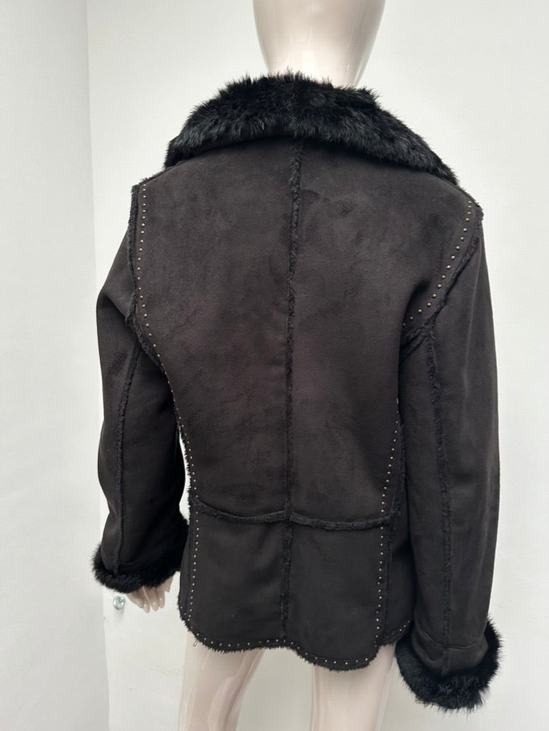 GERARD DAREL - Jas - zwart, imitatiebontkraag, knoopsluiting - XL