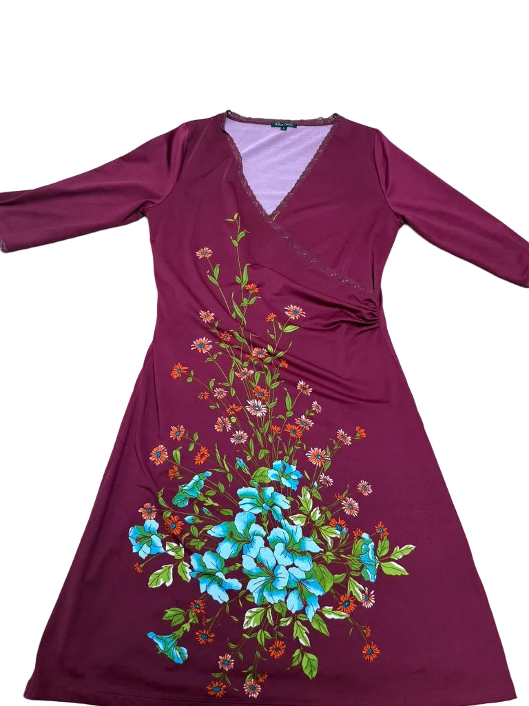King Louie Wikkeljurk Bordeaux met Bloemenprint – Retro Jurk met V-Hals – Maat L