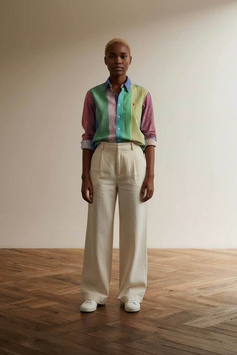 Full body view of the model wearing Polo Ralph Lauren Custom Fit Gestreept Overhemd Multicolor –  Blouse Maat M – 100% Katoen