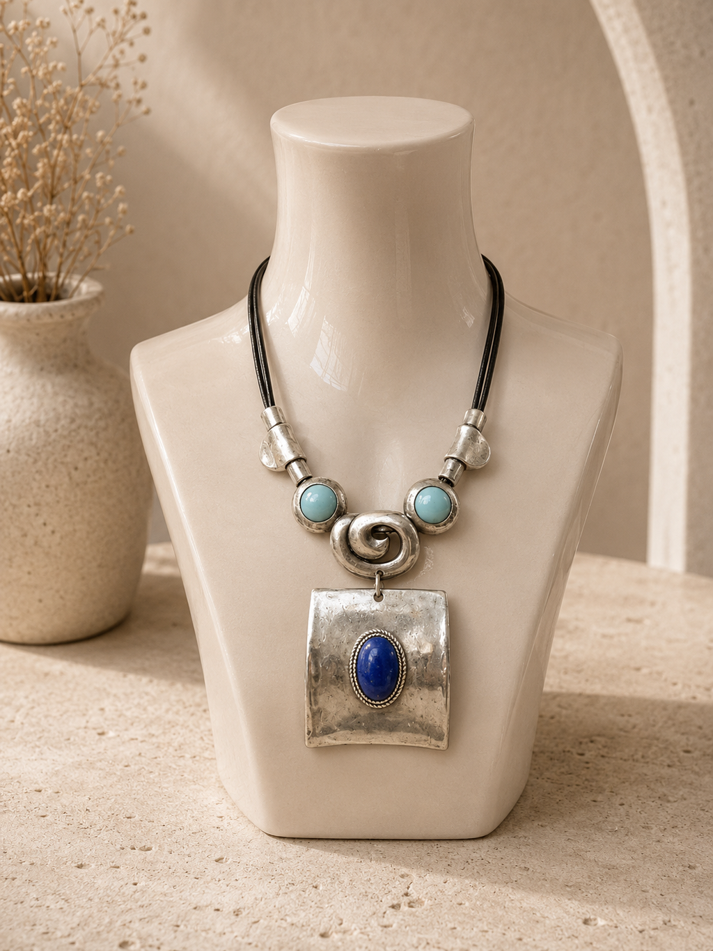 Prachtige halsketting vintage -  zilver en blauw