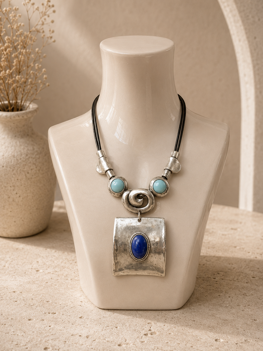 Prachtige halsketting vintage -  zilver en blauw