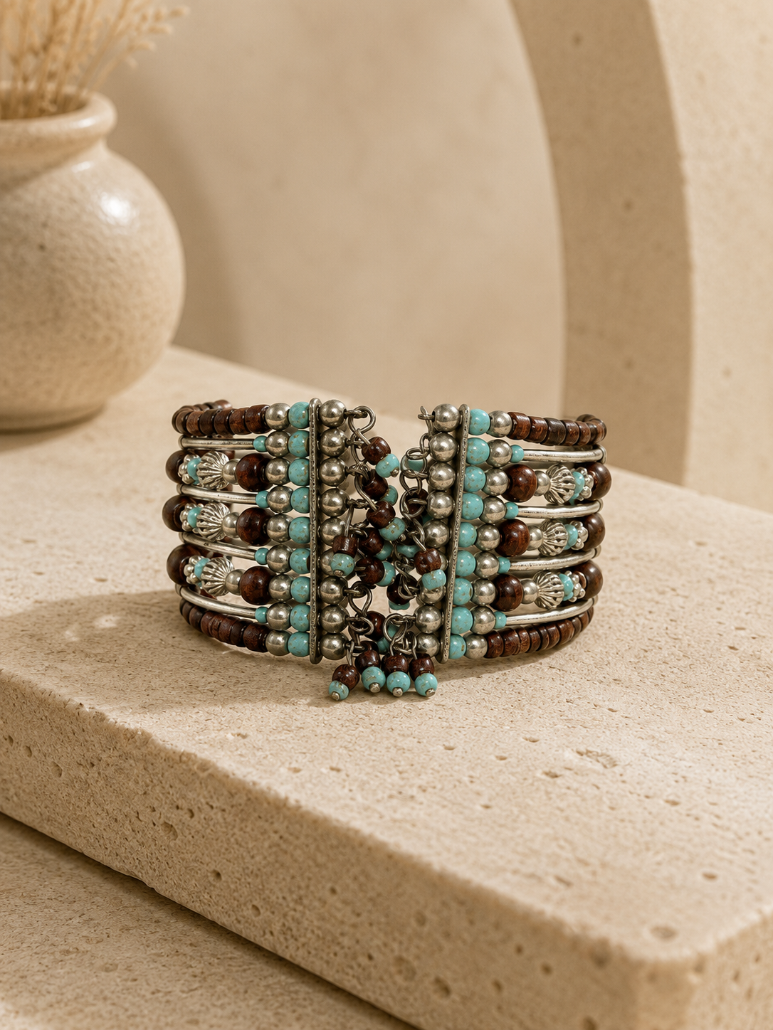 Vintage Armband maat One size Turquoise, zilver en bruin