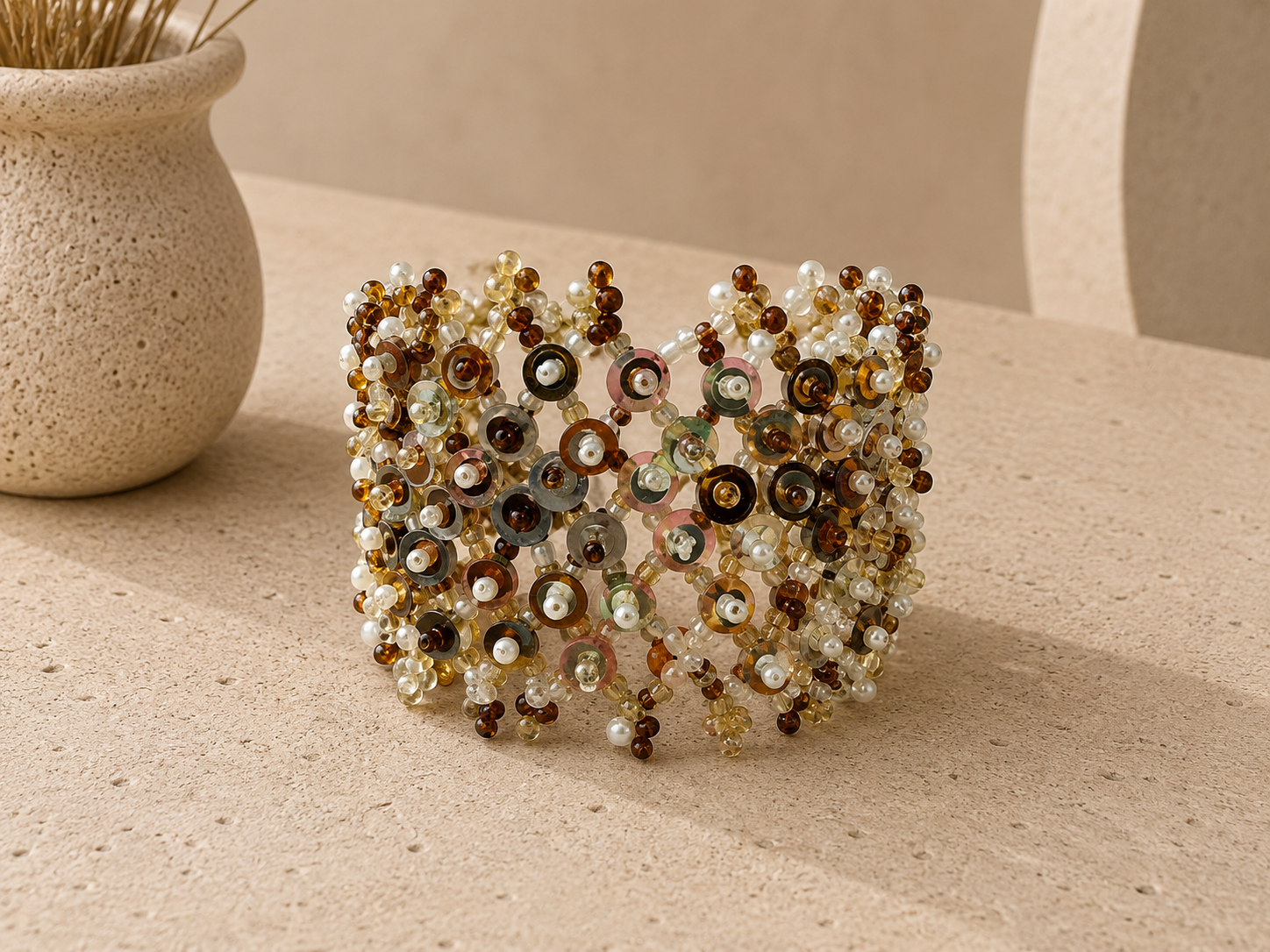 Armband elastische kralen Multicolor, goud, bruin en wit