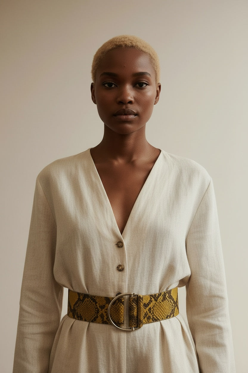 Close-up of the model wearing ba&sh Leren Riem Slangenprint Maat 75 – Gele Pythonlook Taille- en Heupriem