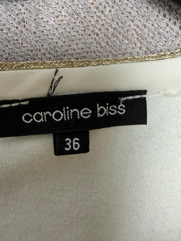 Caroline Biss Jurk Maat 36 – Colorblock Kokerjurk Wit Roze Groen met Gouden Details