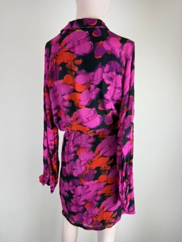 POM Amsterdam - Jurk - paars/roze/rood, abstracte print, ceintuur - M