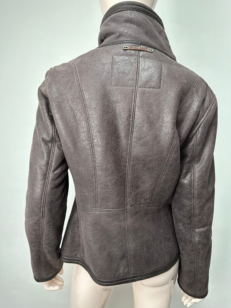 Armani Jeans - Jas - bruin, leerlook, asymmetrische ritssluiting - M/L