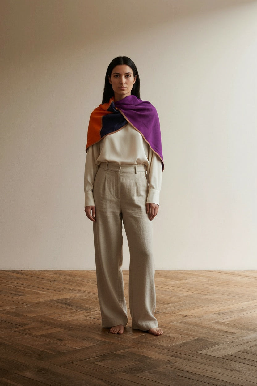 Full body view of the model wearing laundry industry Sjaal maat Paars, Oranje, Navy