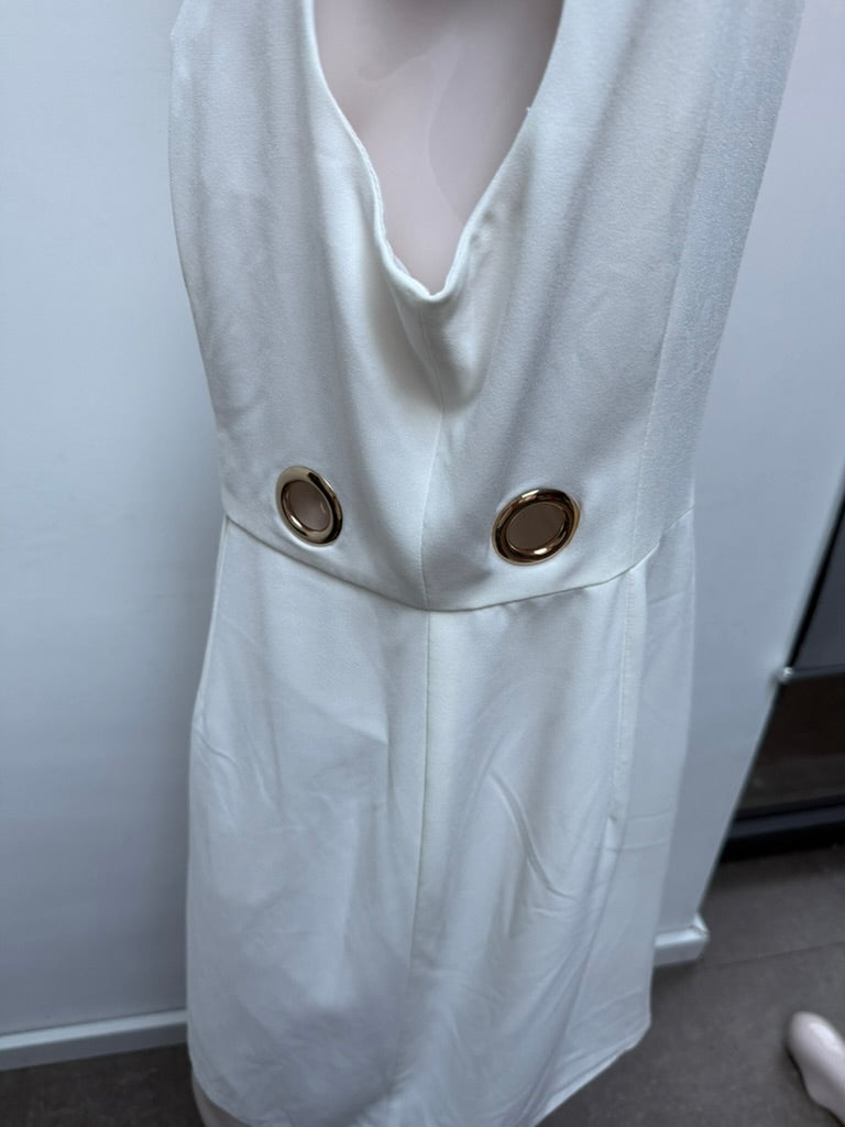 LINEA RAFFAELLI - Jurk - wit, diepe V-hals, metalen ringdetails - L
