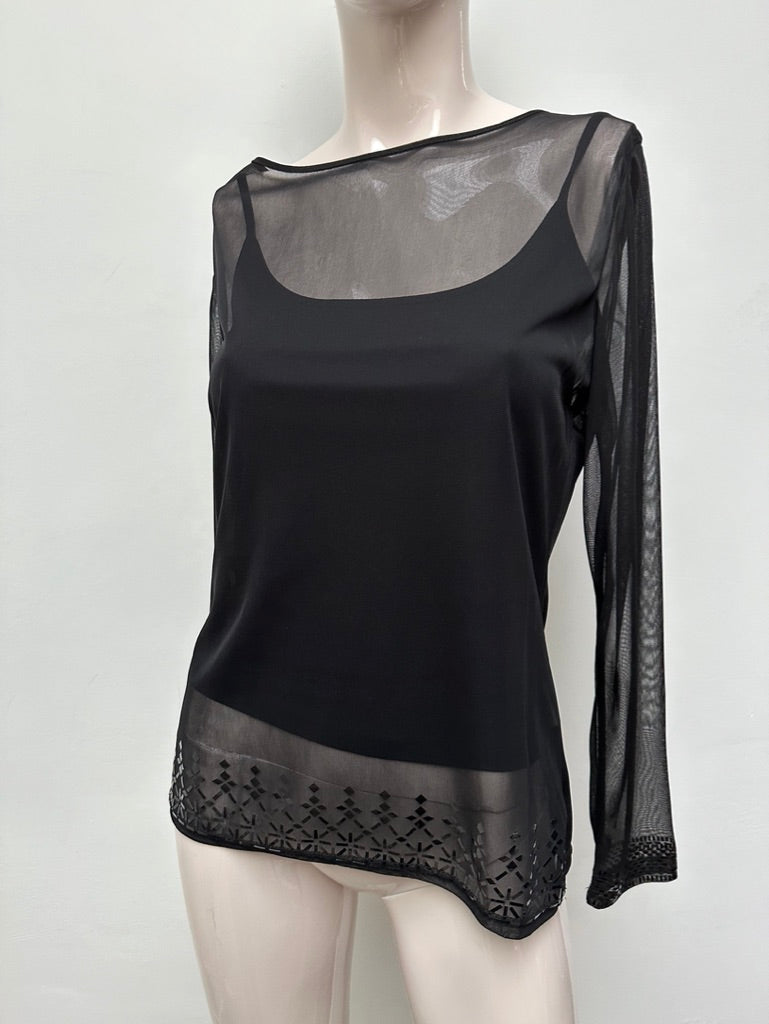 Blouse - zwart, transparante mesh, glitter rand - M