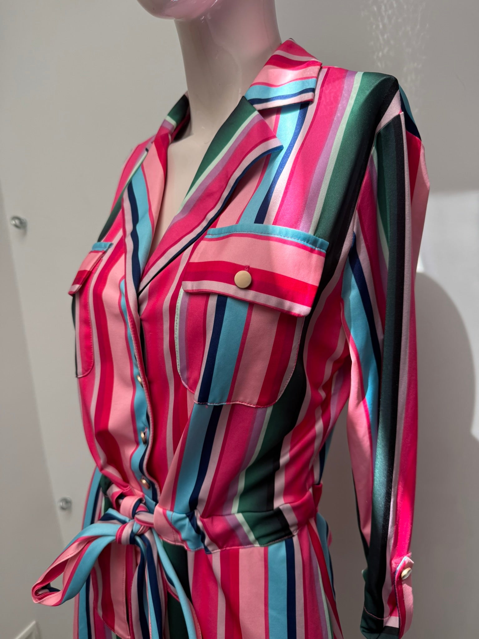 K Design - Jurk - gestreept, knoopsluiting voor, ceintuur maat S