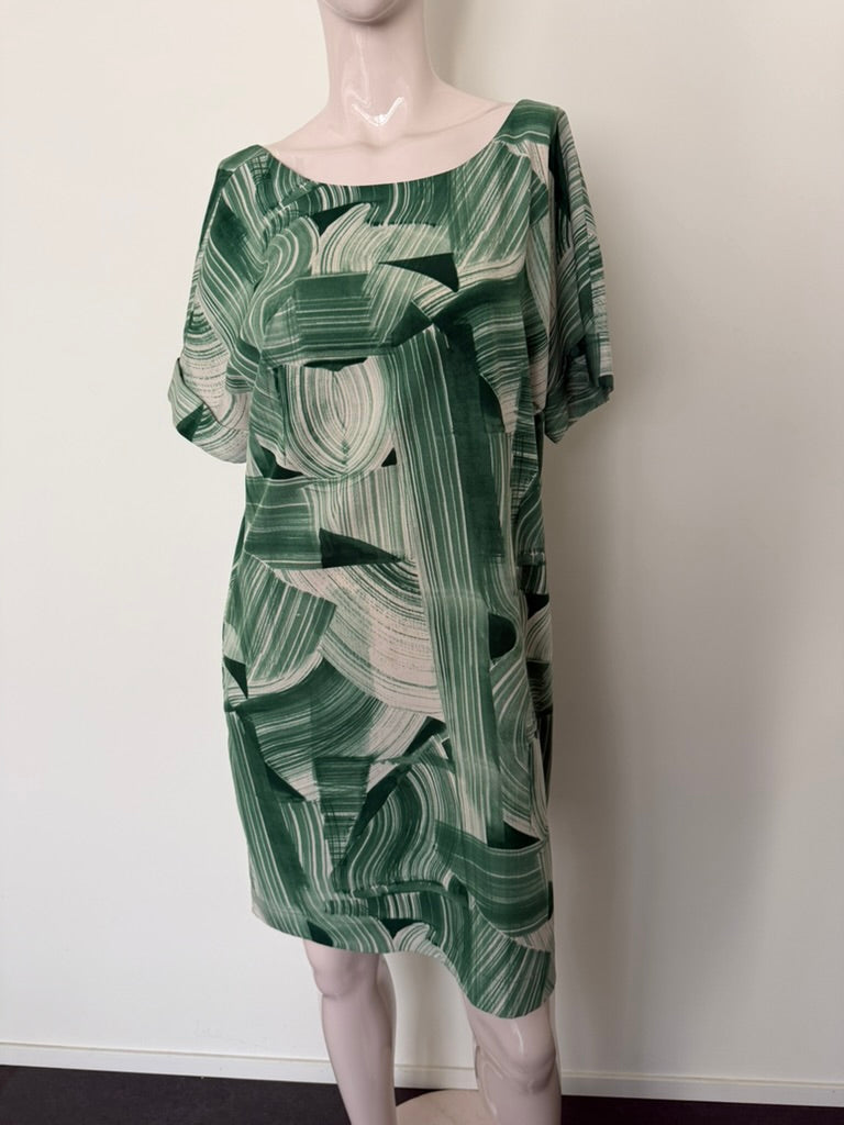 ESSENTIEL ANTWERP - Jurk - groen/beige, abstracte print, korte mouwen - L