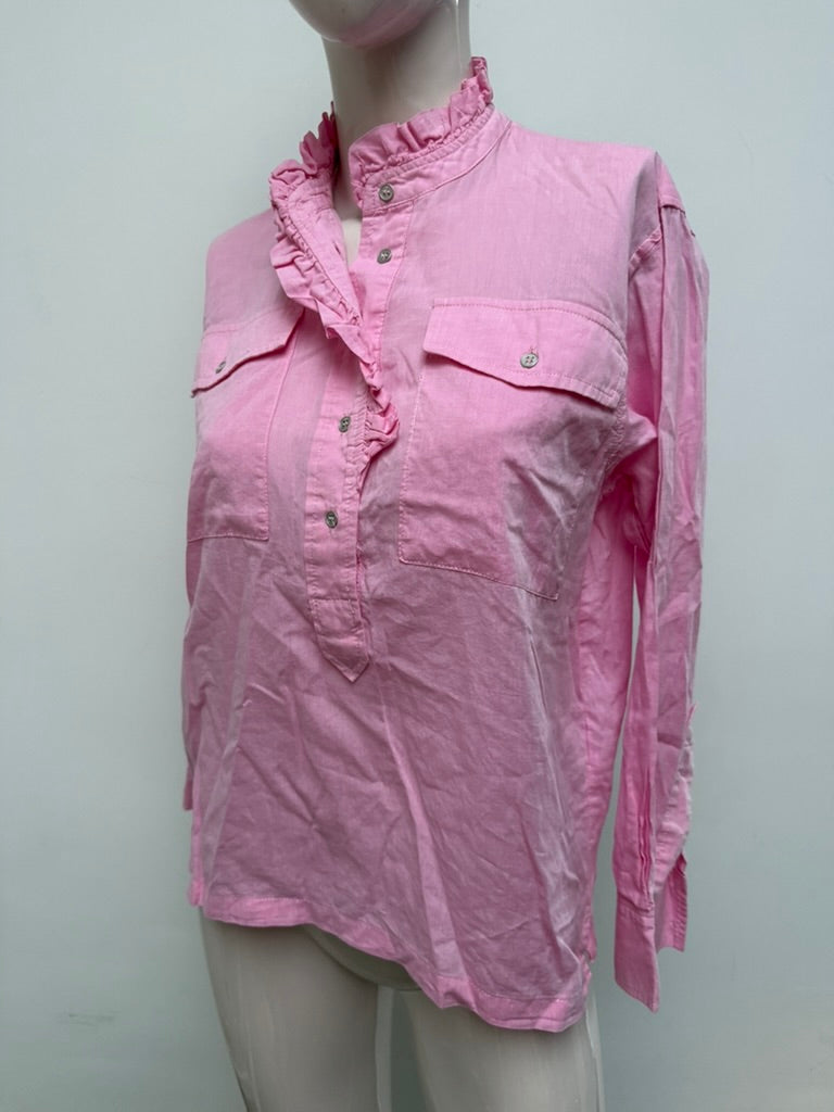 co’couture - Blouse - roze, opstaande kraag met ruches, halve knoopsluiting - XS