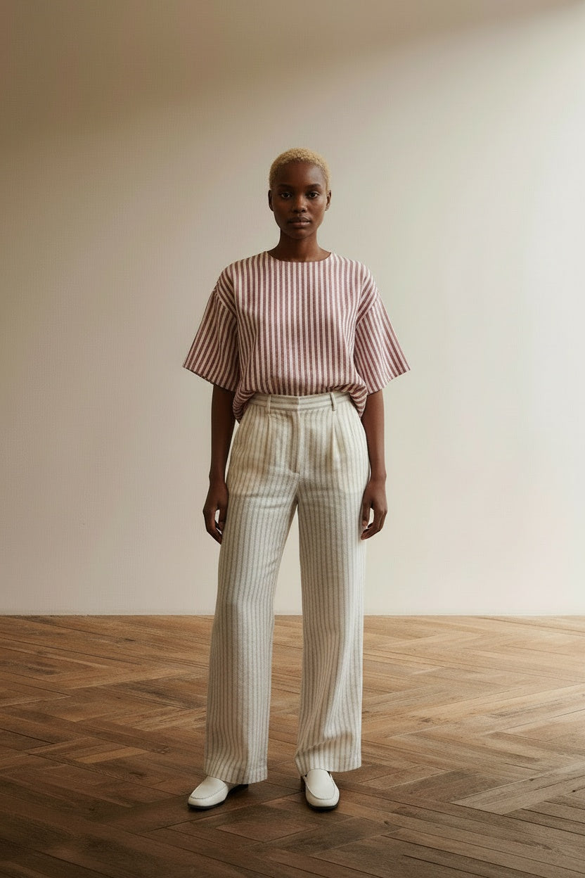 Full body view of the model wearing American Vintage Top maat L roze; wit