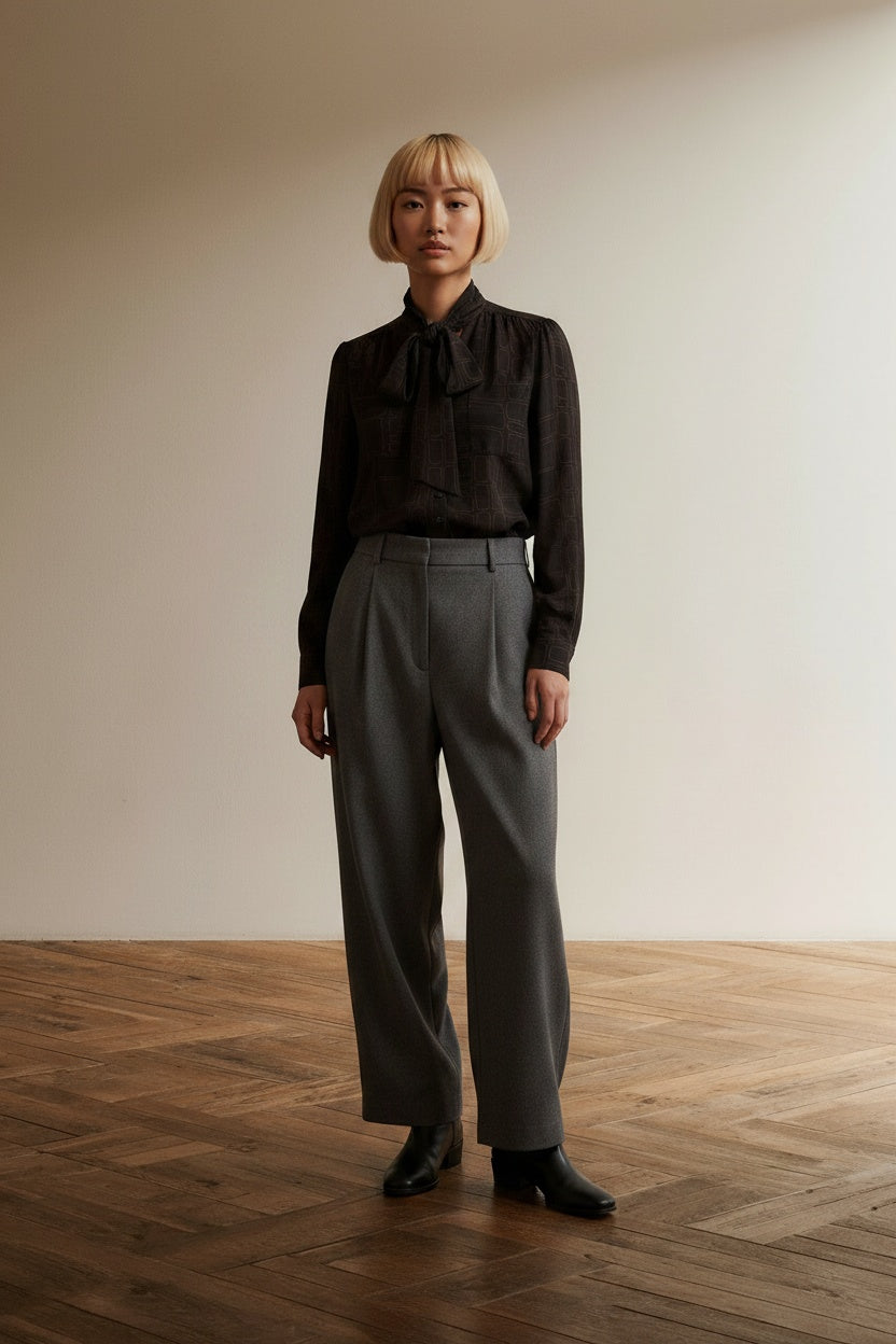 Full body view of the model wearing Laundry Industry Blouse maat M Zwart/Lichtbruin
