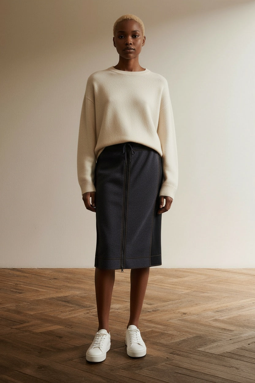 Full body view of the model wearing Marc Cain paarse rok met rits maat 3