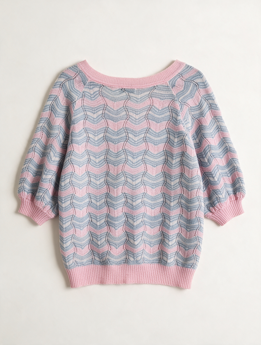 Suncoo - Trui - pastel roze/blauw, golfpatroon, V-hals - maat M