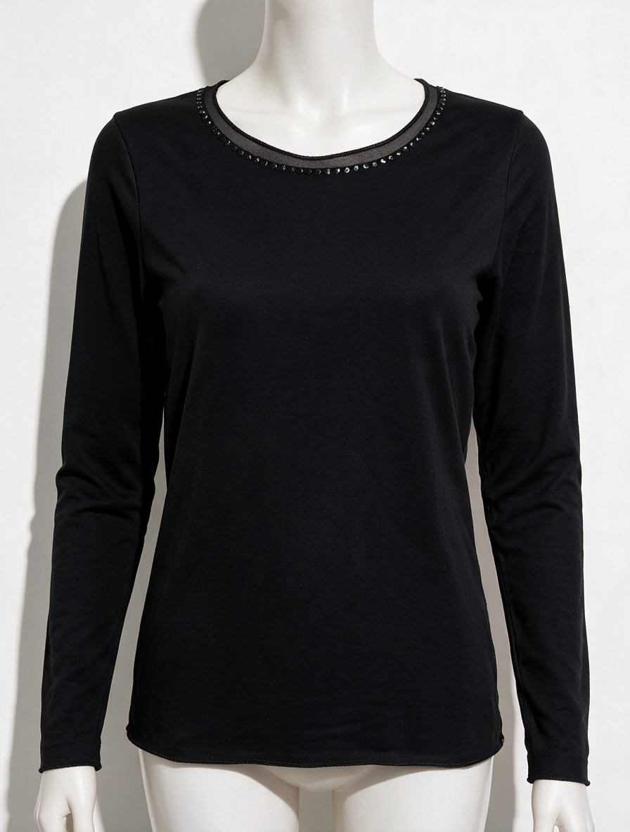 Bandolera - Blouse - zwart, kraaltjes langs hals, lange mouwen - M