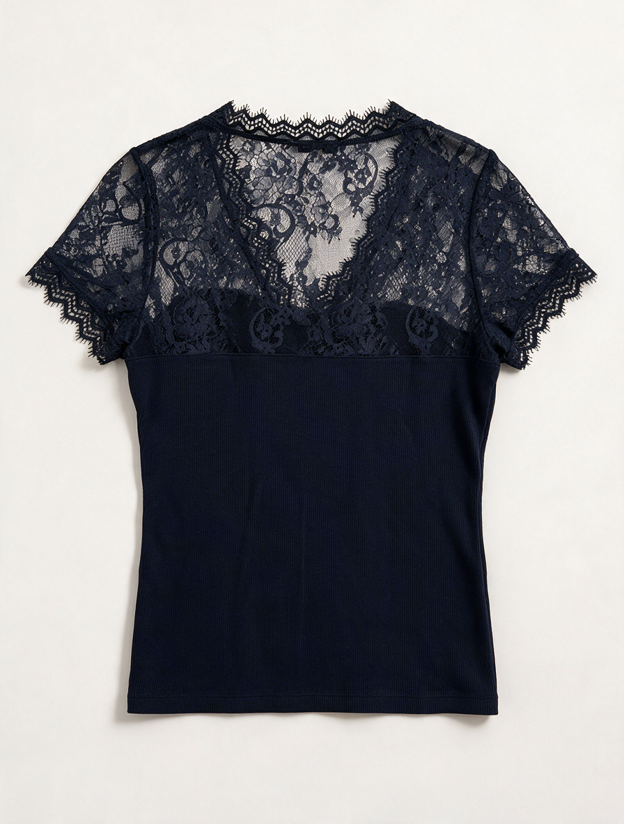 Morgan - T-shirt - donkerblauw, kant met bloemenpatroon, V-hals - XL