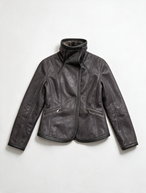 Armani Jeans - Jas - bruin, leerlook, asymmetrische ritssluiting - M/L