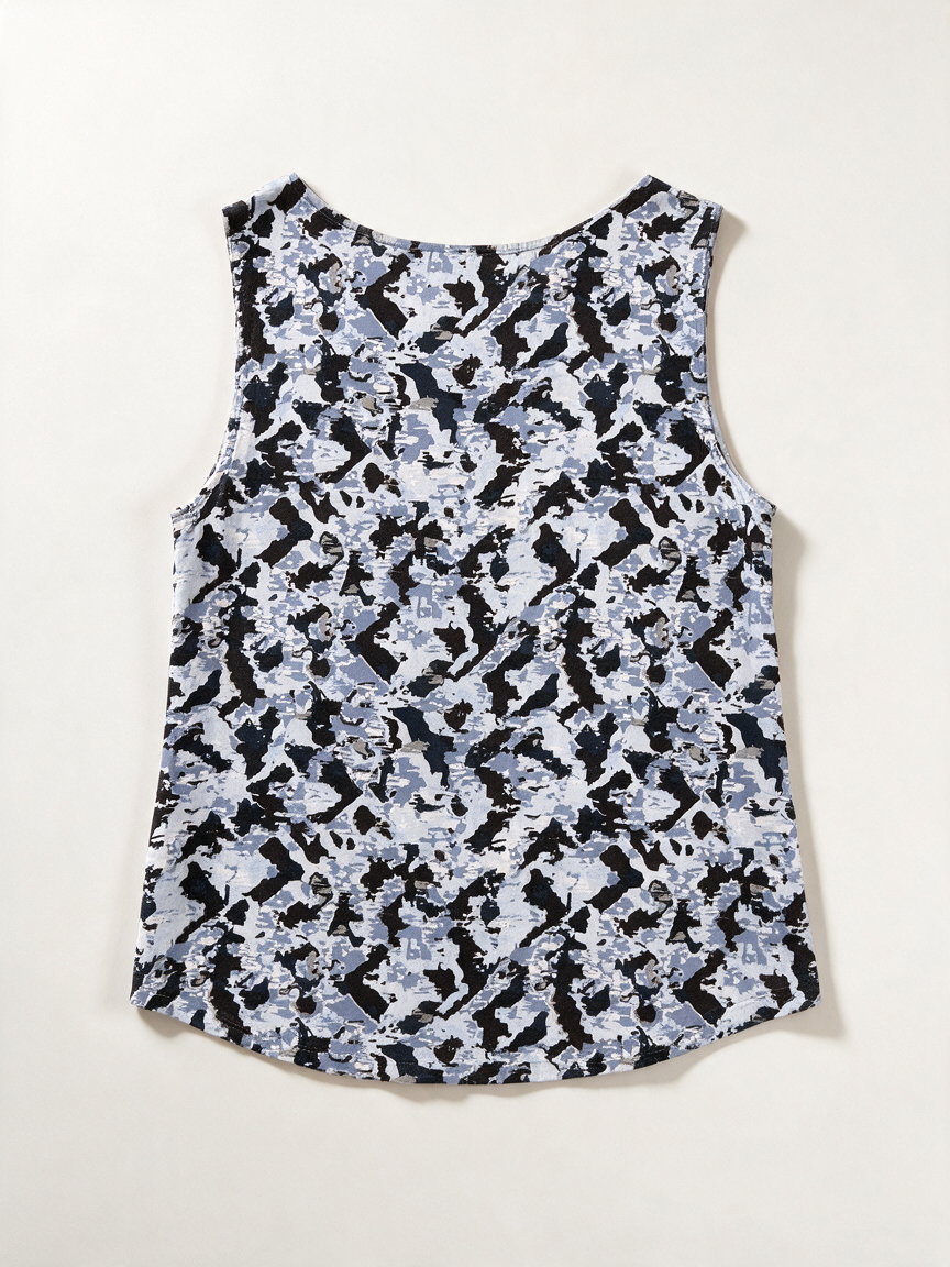 ICHI - Top - blauw-wit-zwart, abstracte print, mouwloos - L
