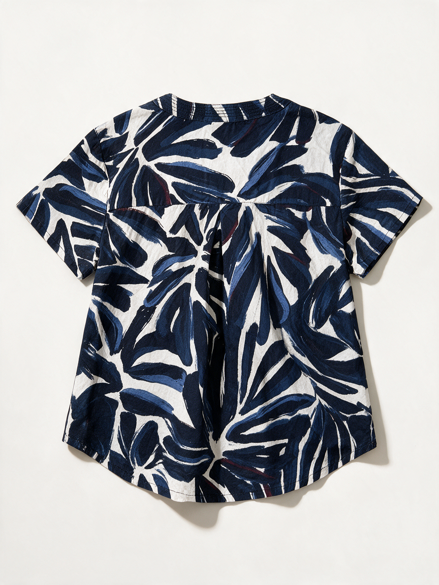 CECIL - Blouse - abstracte bladprint, korte mouwen, blauw/zwart/wit - M