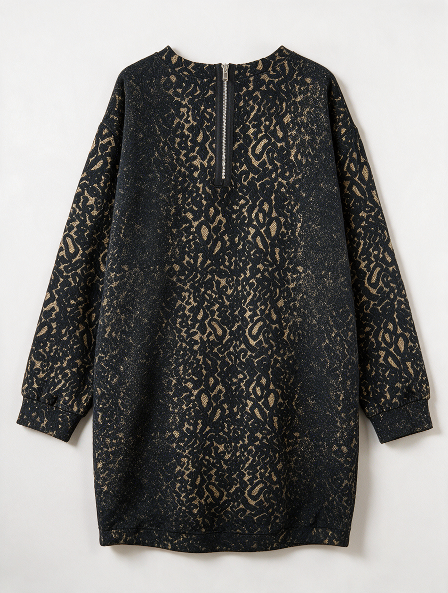 Vanilia - Jurk - zwart/beige dierenprint, oversized pasvorm, lange mouwen - L