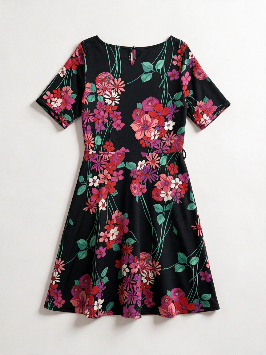 Zwarte midi-jurk met kleurrijke bloemenprint van King Louie, achterkant liggend