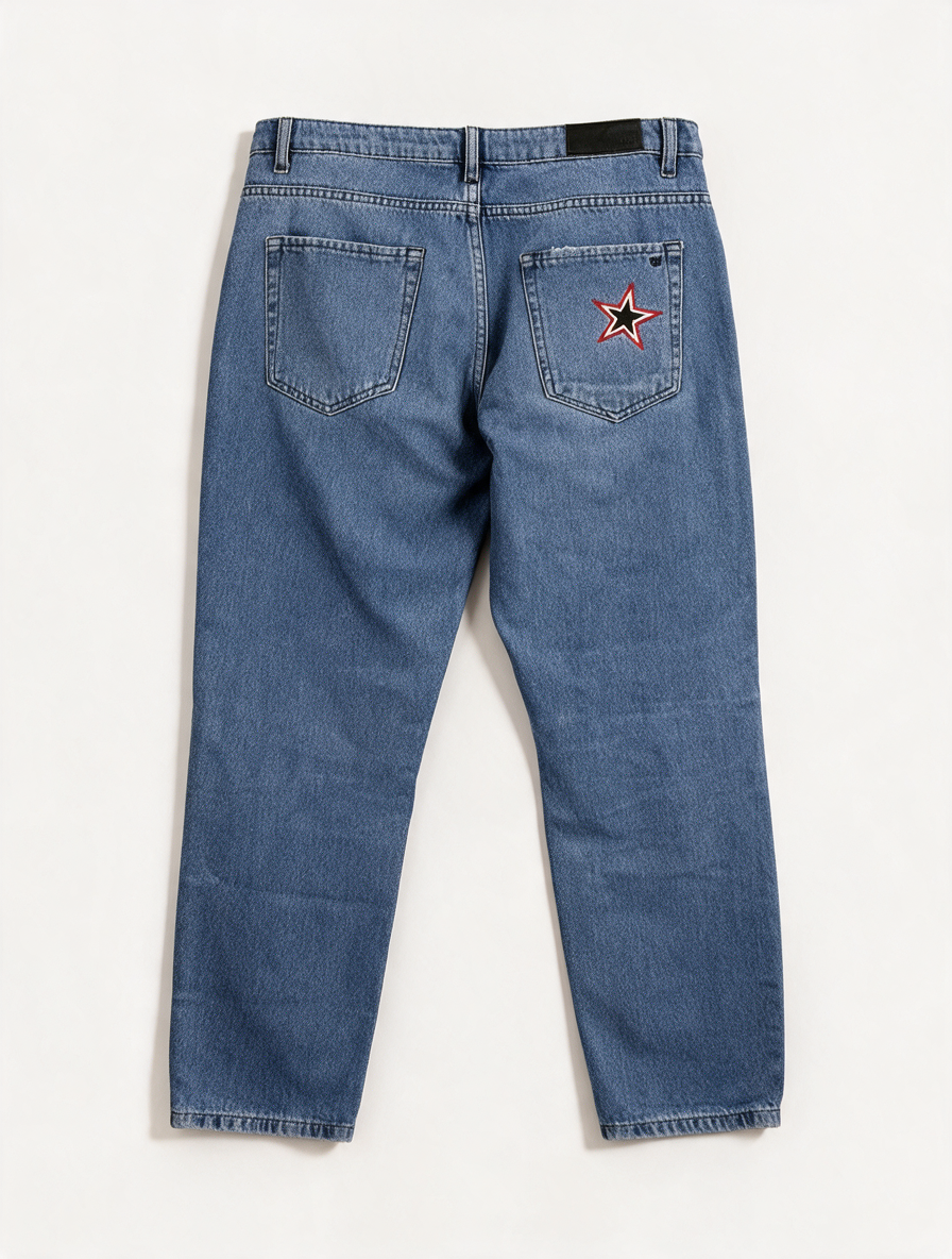 NIKKIE - Broek - blauwe denim, sterrenapplicaties, ripped detail - maat 30
