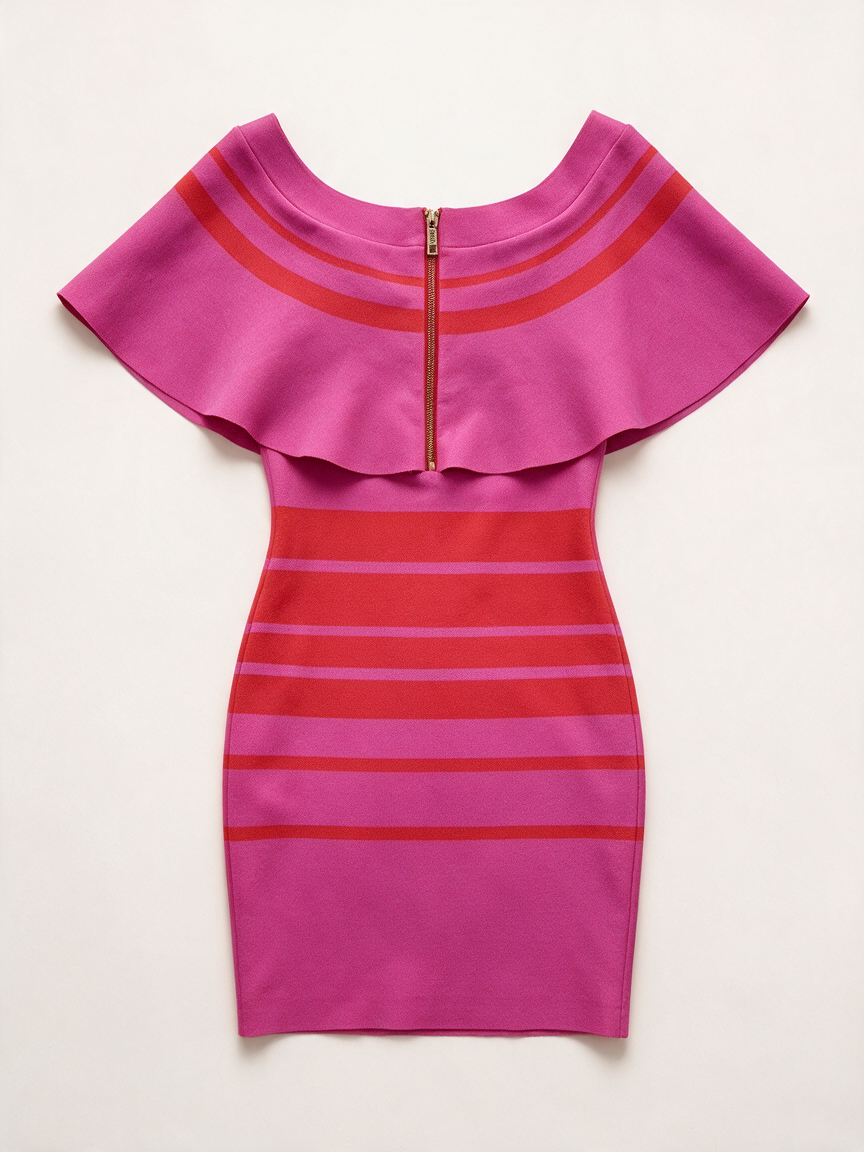 JOSH V - Jurk - roze/rood, horizontale strepen, volant - S