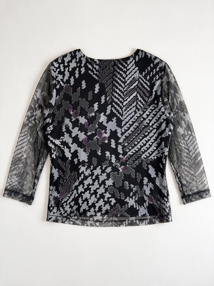 bianca - Blouse - abstract patroon, semi-transparant mesh, V-hals - M