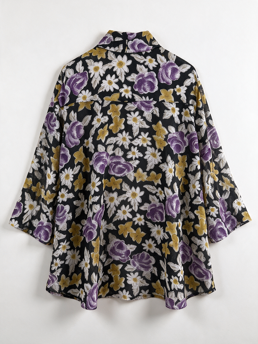 Primavera - Blouse - zwart met bloemenprint, open model - maat L