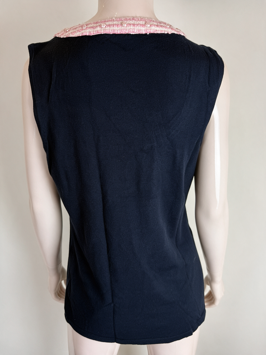 LÉO GUY - Top - donkerblauw, ronde hals, brede contrastboord - XL
