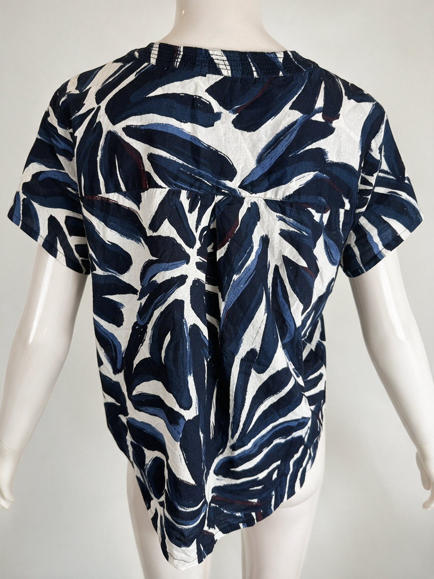 CECIL - Blouse - abstracte bladprint, korte mouwen, blauw/zwart/wit - M