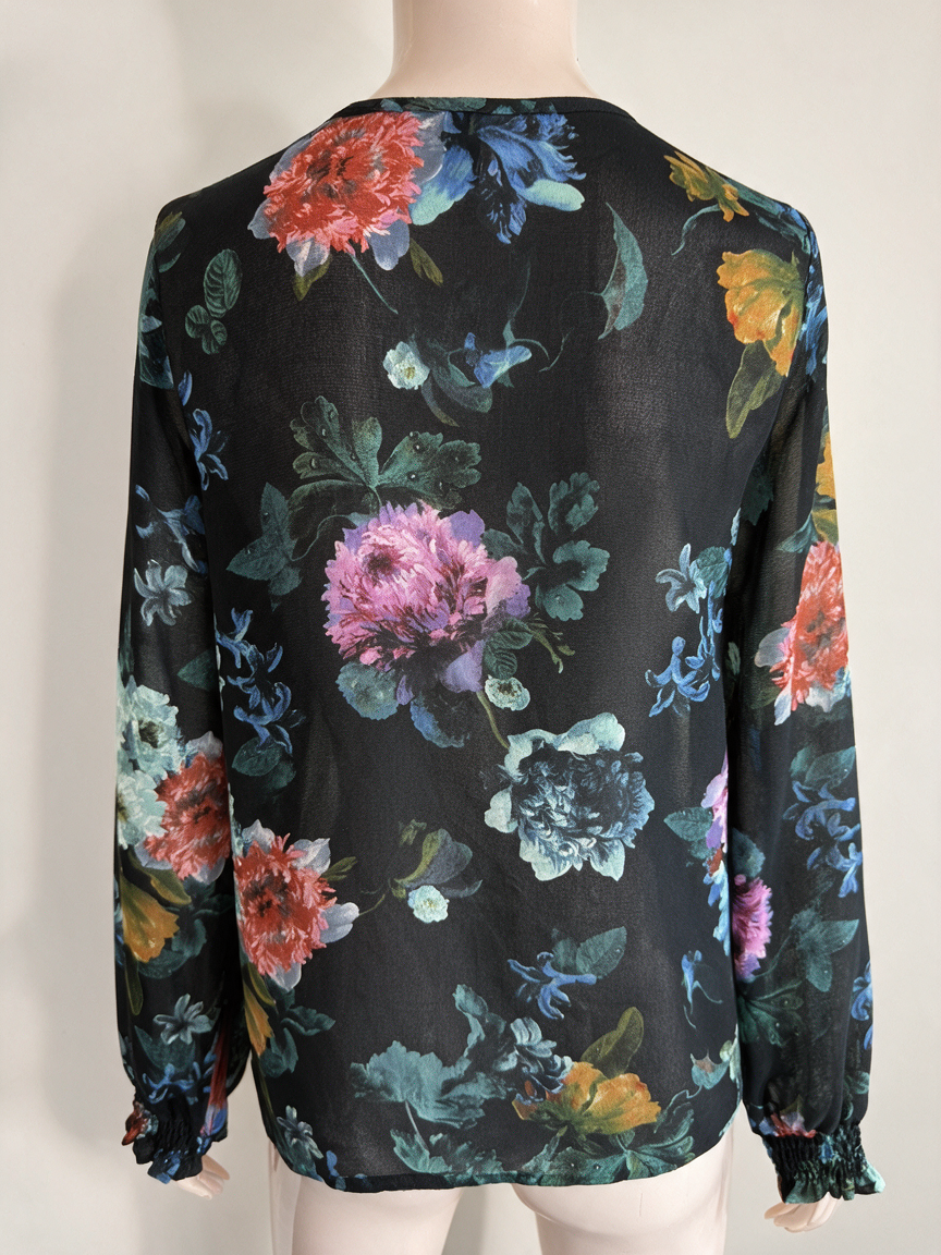 Y.A.S - Blouse - zwart, bloemenprint, V-hals - S