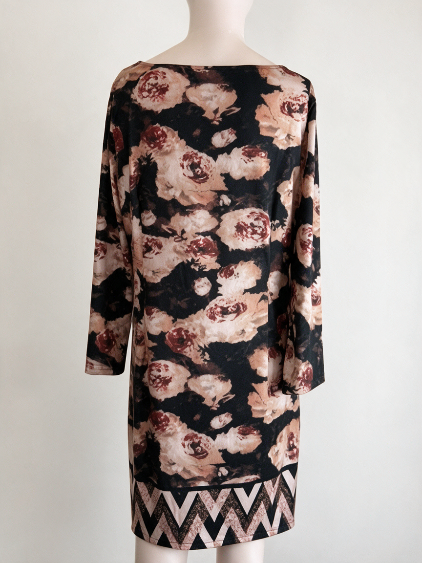 norah - Jurk - bloemenprint, lange mouwen, zigzagrand - L