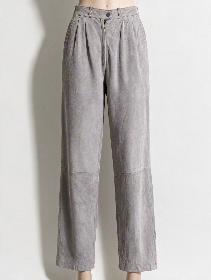 Broek - grijs, suède, high waist - vintage - S