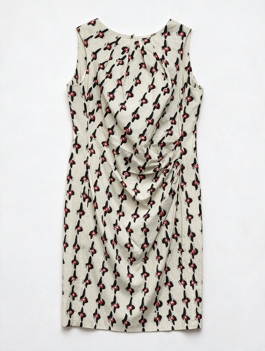 Natan Collection - Jurk - crème/zwart/rood, abstract patroon, mouwloos - M