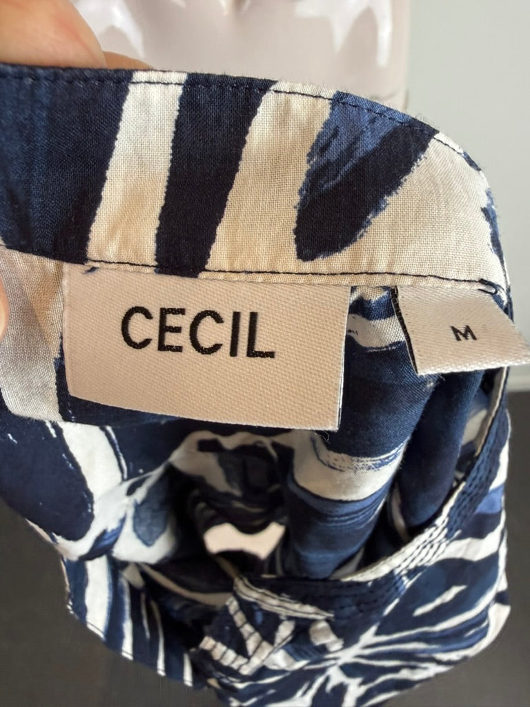 CECIL - Blouse - abstracte bladprint, korte mouwen, blauw/zwart/wit - M