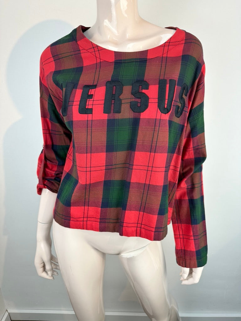 Versus Versace - Trui - rood-groen geruit, groot logo, ronde hals - M
