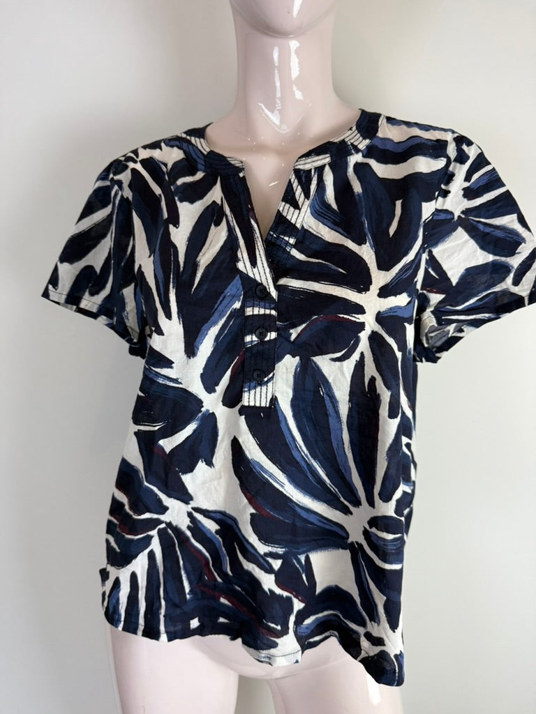 CECIL - Blouse - abstracte bladprint, korte mouwen, blauw/zwart/wit - M