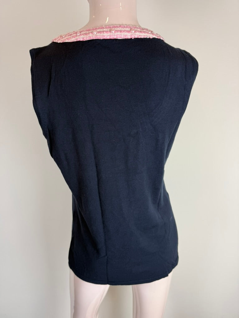 LÉO GUY - Top - donkerblauw, ronde hals, brede contrastboord - XL