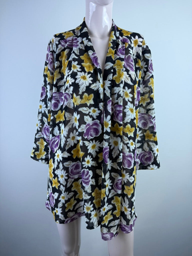 Primavera - Blouse - zwart met bloemenprint, open model - maat L