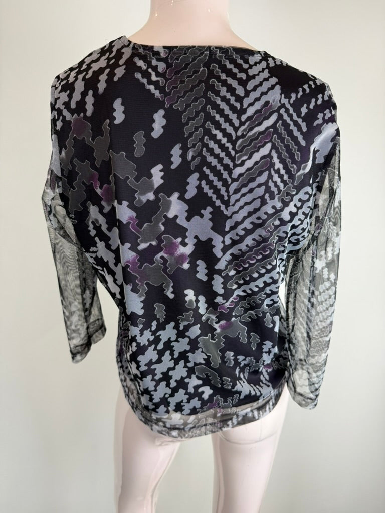 bianca - Blouse - abstract patroon, semi-transparant mesh, V-hals - M