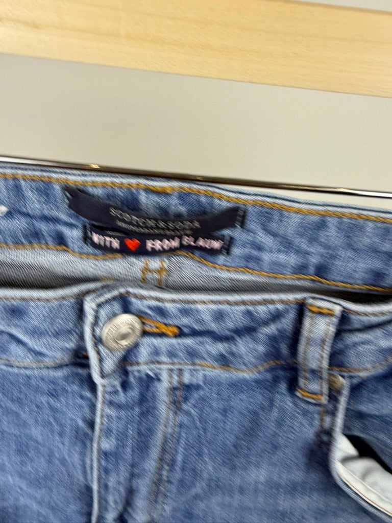 Scotch & Soda Broek - blauw denim, rechte pasvorm, zijbies met tekst - maat XL