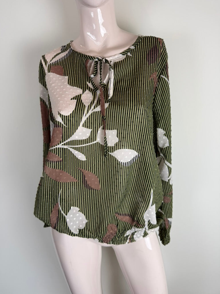 Geisha - Blouse - groen, bladprint, striksluiting - S